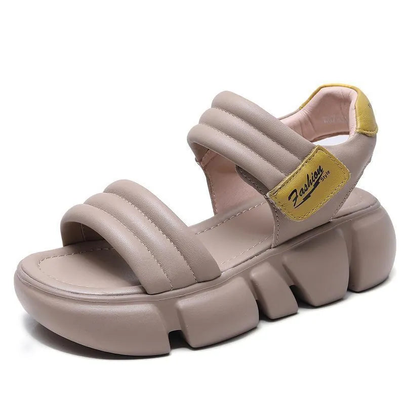 Open toe platform wedge sandals in beige with Velcro strap and rubber sole