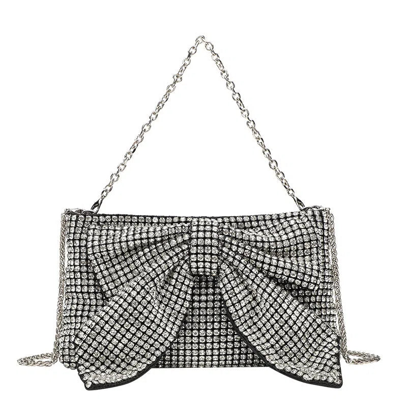 Fashion evening banquet full crystal rhinestone single shoulder chain crossbody bag bow shape polyester silver colour