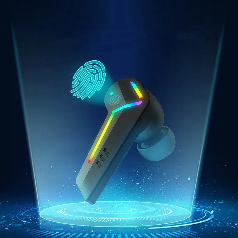 Black TWS Bluetooth gaming headset with low latency and NFC pairing features
