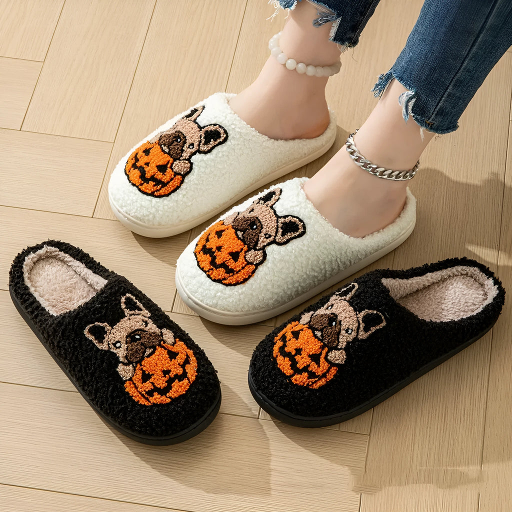 Halloween pumpkin house slippers in black with plush material and non-slip rubber soles