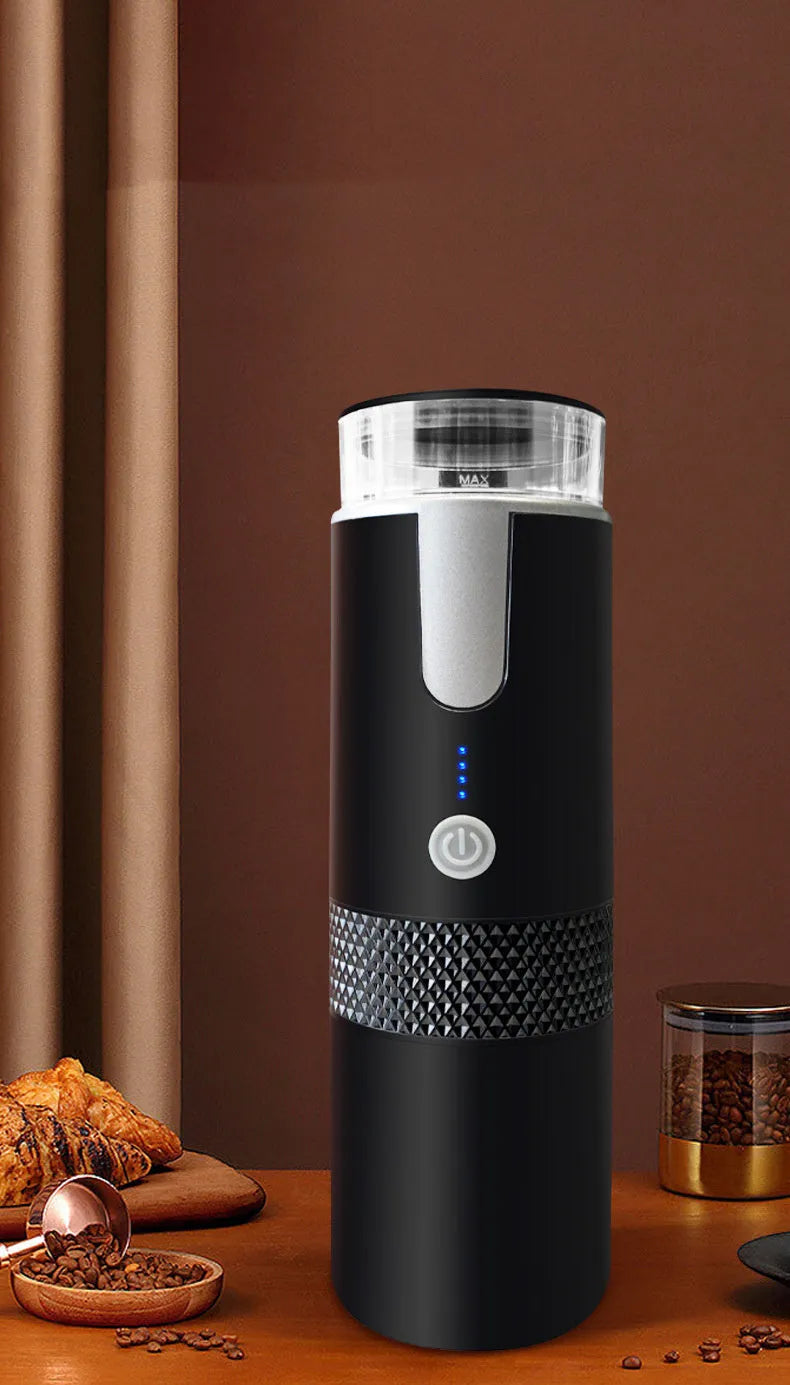 Black portable wireless electric coffee maker with 170ml water tank and USB charging cable