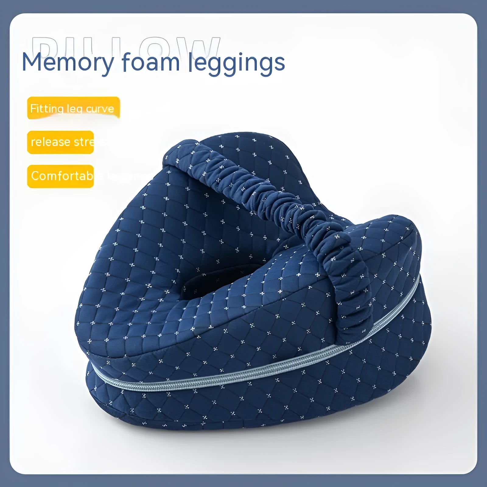 Heart-shaped memory foam leg pillow in blue colour showing dimensions of 25x23x13 cm