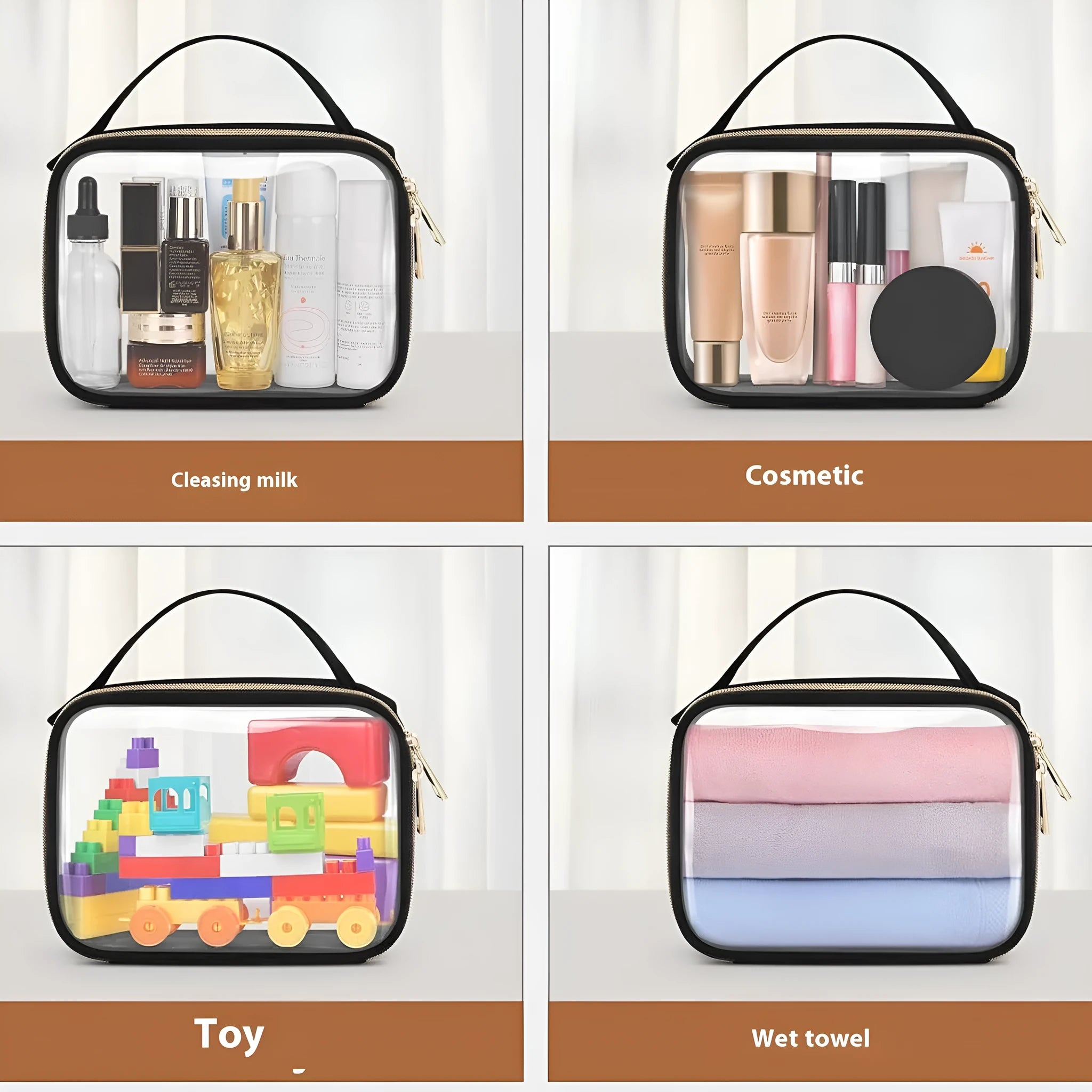 Clear PVC cosmetic wash bag with chain handle showing lipsticks inside, in leopard print colour.