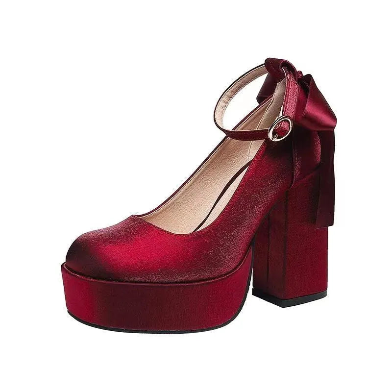 Women's chunky heel platform pumps in wine red with PU upper and rubber sole