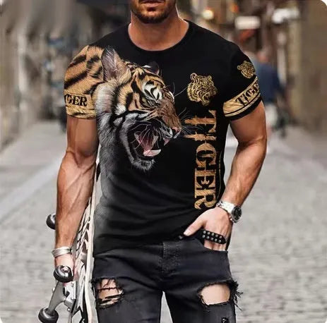 Men's grey T-shirt with a raised 3D print of a fierce lion's face on the front.