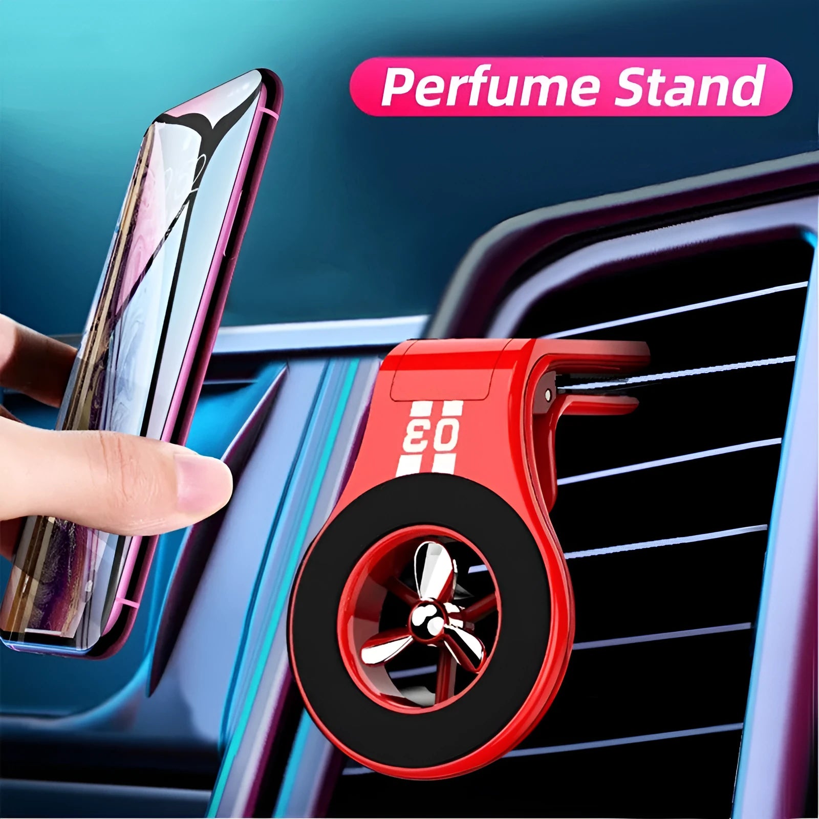 Black magnetic car air vent phone holder with adjustable bracket and fragrance diffuser