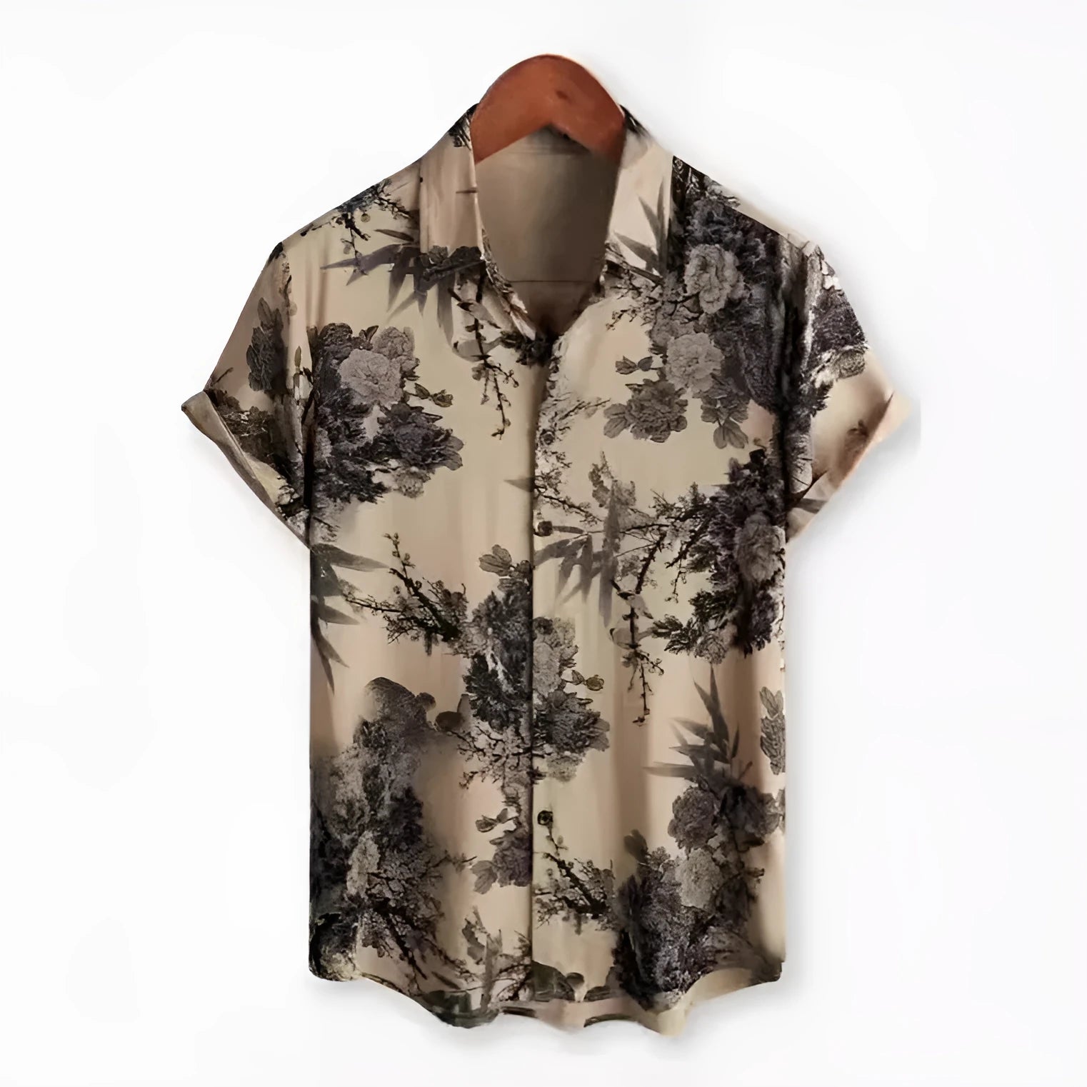 Man wearing a short sleeve floral Hawaiian shirt with lapel collar, made from elastic polyester fabric.