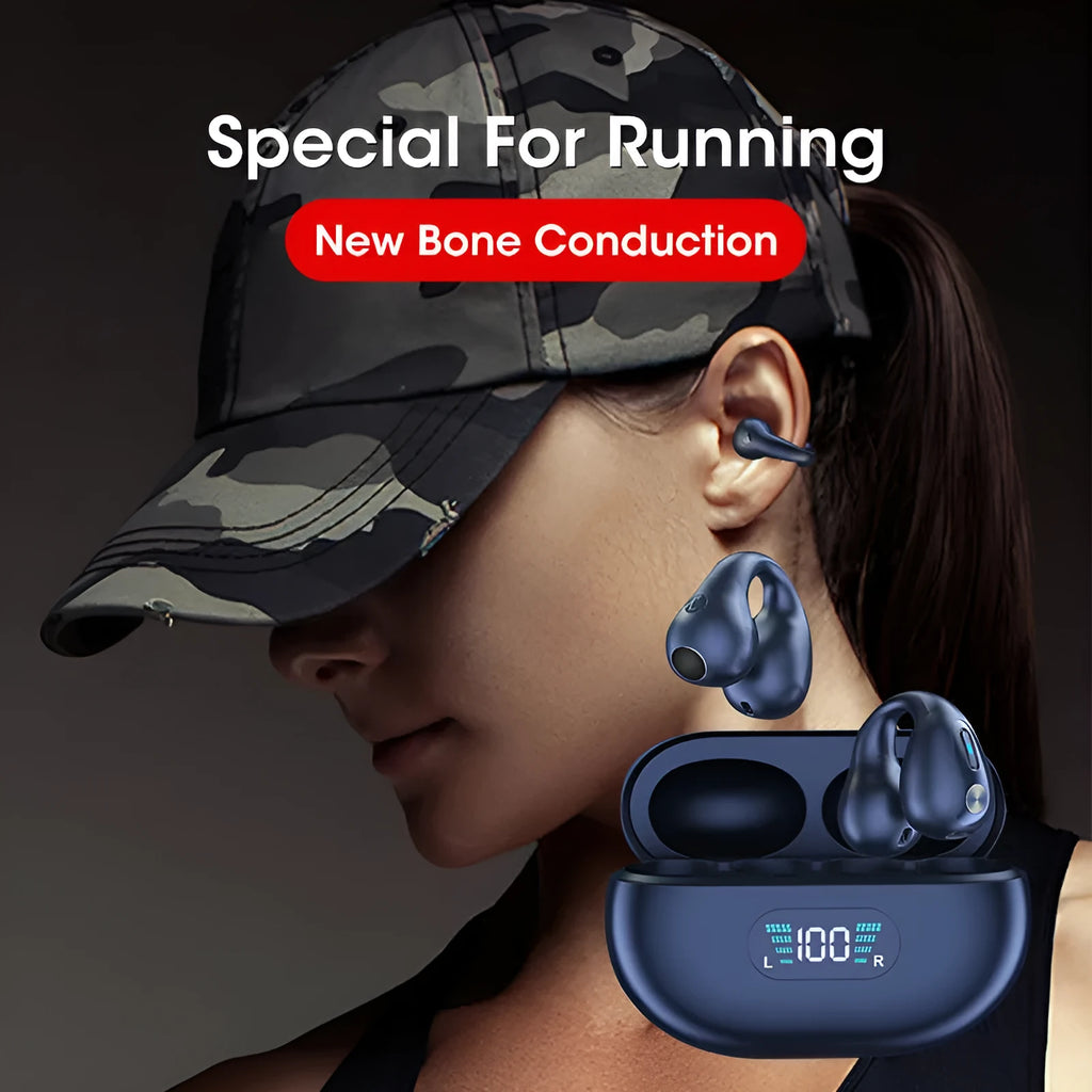 Clip-on bone conduction Bluetooth headset in black, white, or khaki colour with charging cable.