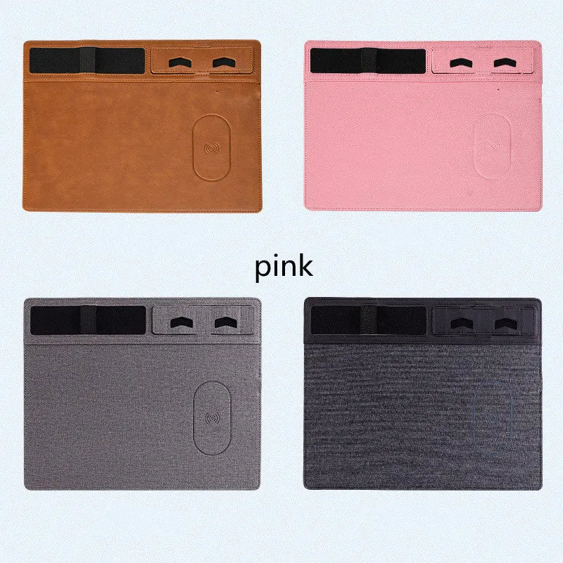 Wireless charging mouse pad with integrated phone holder on black PU leather surface