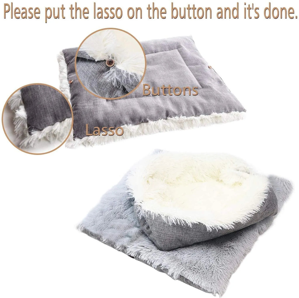 Grey and white fluffy double-layer pet blanket nest with black non-slip bottom, size 61x51cm