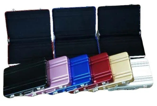 Slim aluminium alloy card holder in red, blue, black, silver, pink, and gold colour options.