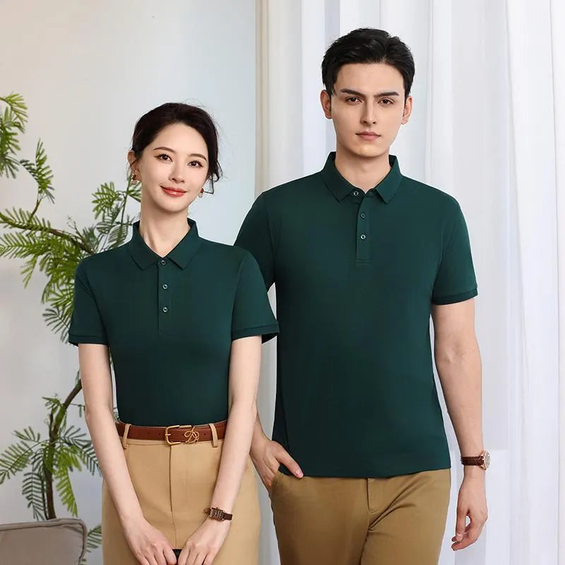 Lapel polo shirt for men and women in Light Blue colour, short sleeve, 100% polyester fabric with side slit