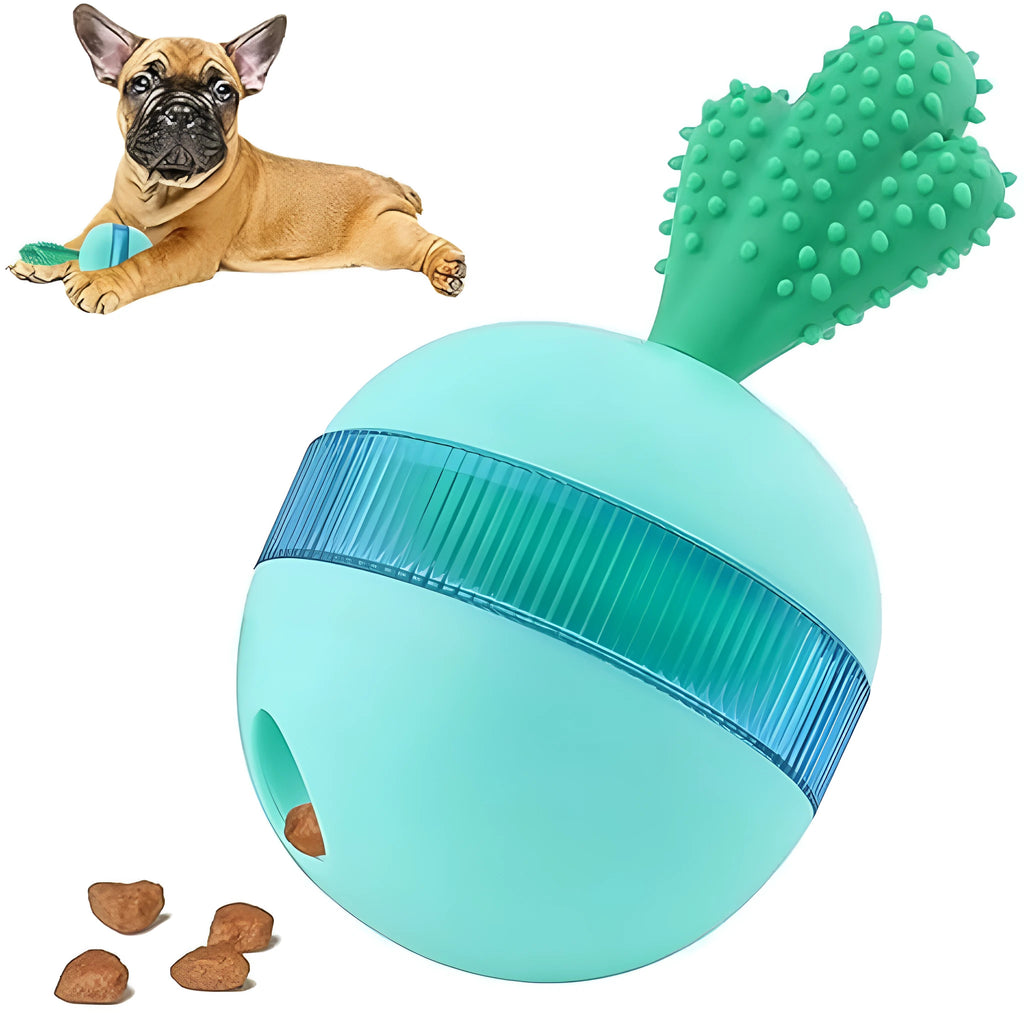 Blue durable rubber treat dispensing dog toy ball for medium and large dogs