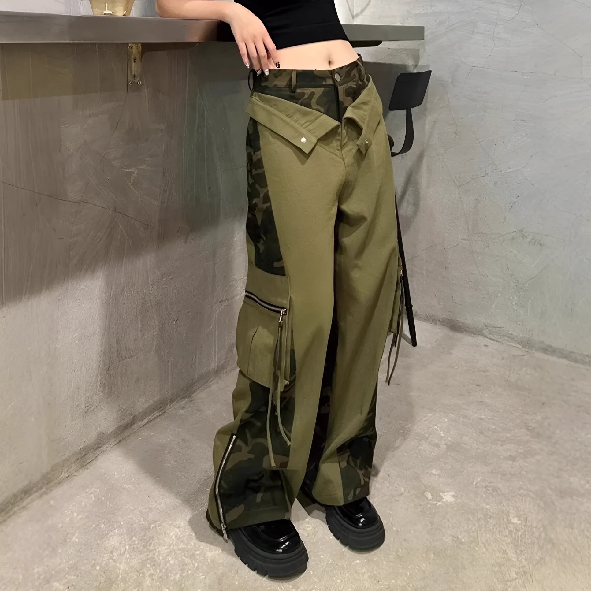 Women's dark khaki leopard print high waist straight leg jeans with contrast stitching detail.
