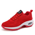 Women's red and black low top mesh sneakers with round toe and front lace-up design showing 3-5cm heel