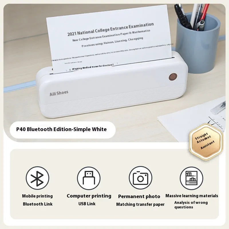 Ailixiong P40 mini portable A4 thermal printer in blue or white, showing compact size.