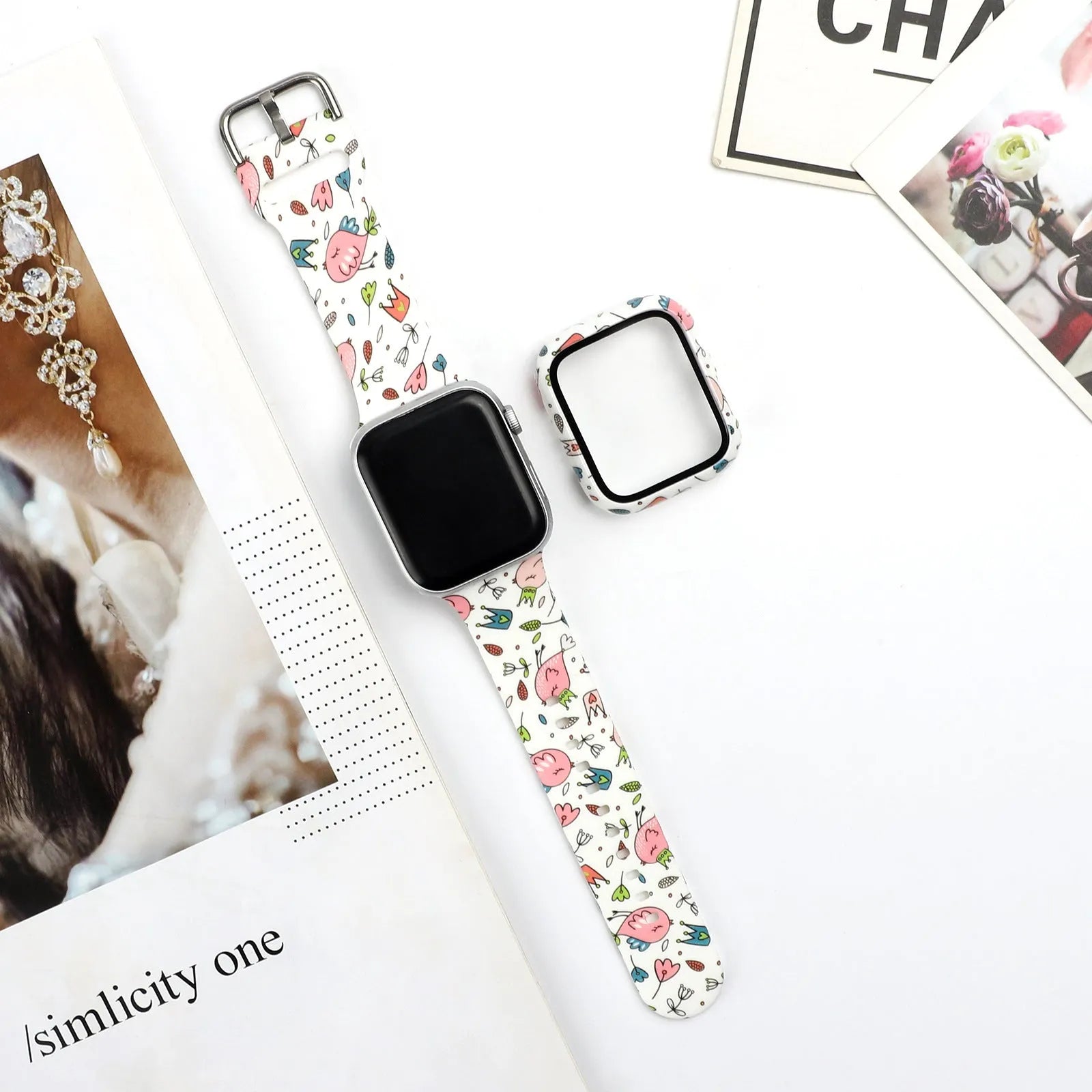 Printed silicone strap for Apple Watch showing design options and size variations