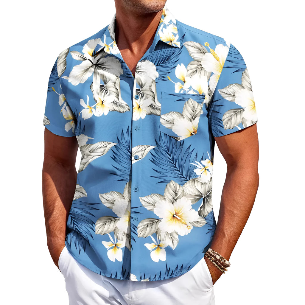 Men's slim fit Hawaiian short sleeve shirt in elastic polyester fabric