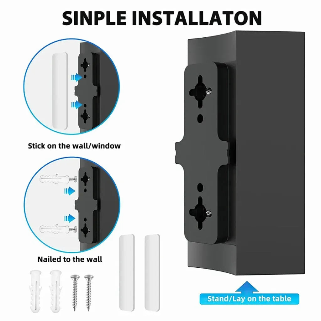 Black indoor digital TV antenna with mounting hardware including screws, adhesive tape and cable ties