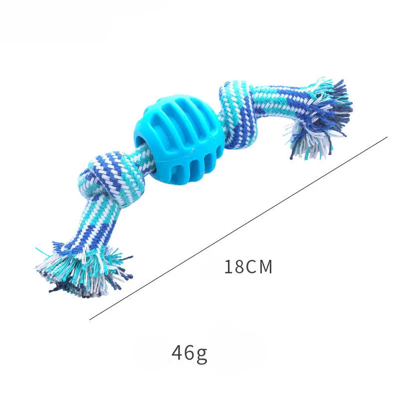 Blue soft dog chew toy in molar shape with integrated white ropes for dental cleaning.