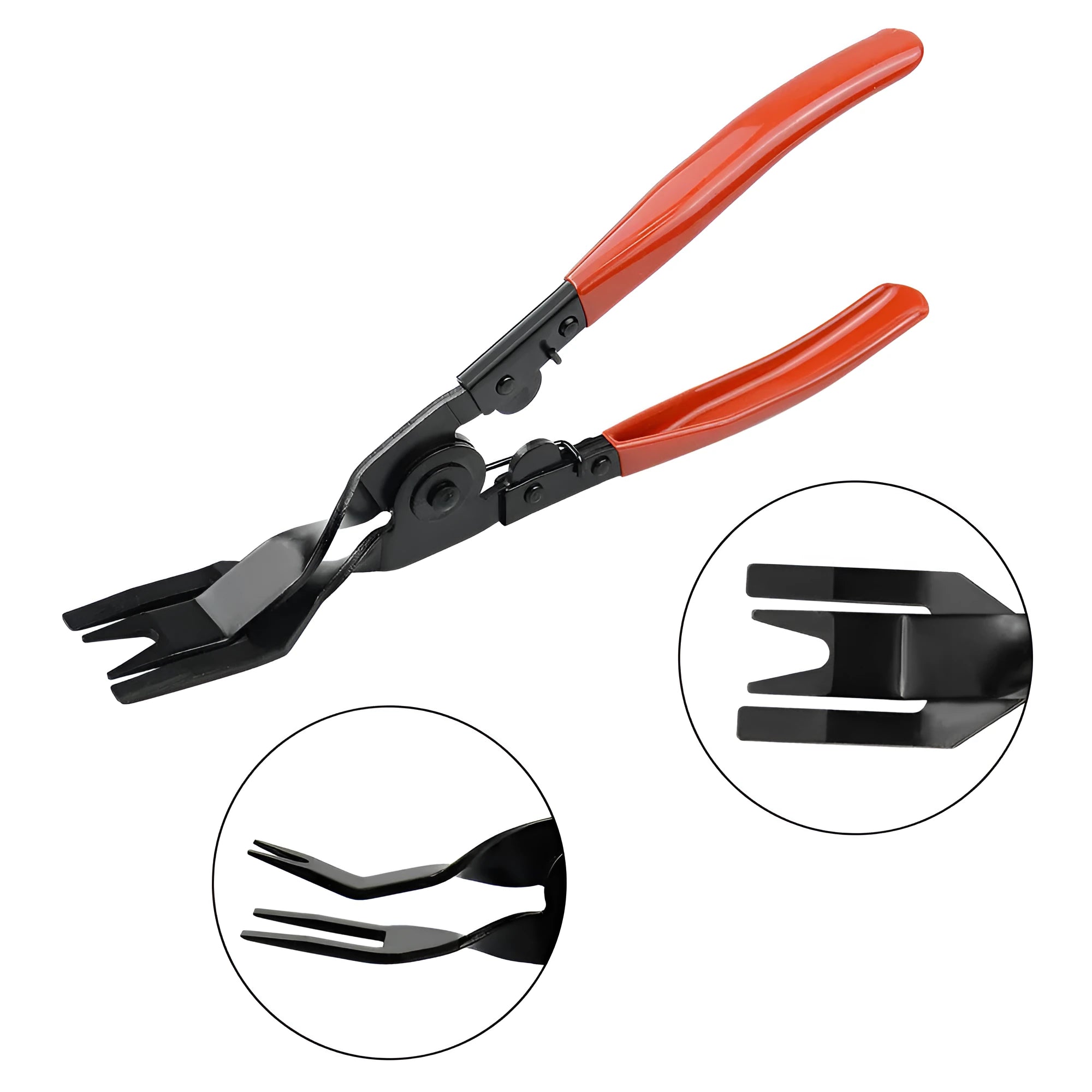 Red-handled steel automotive clip removal pliers for General Motors door panels.