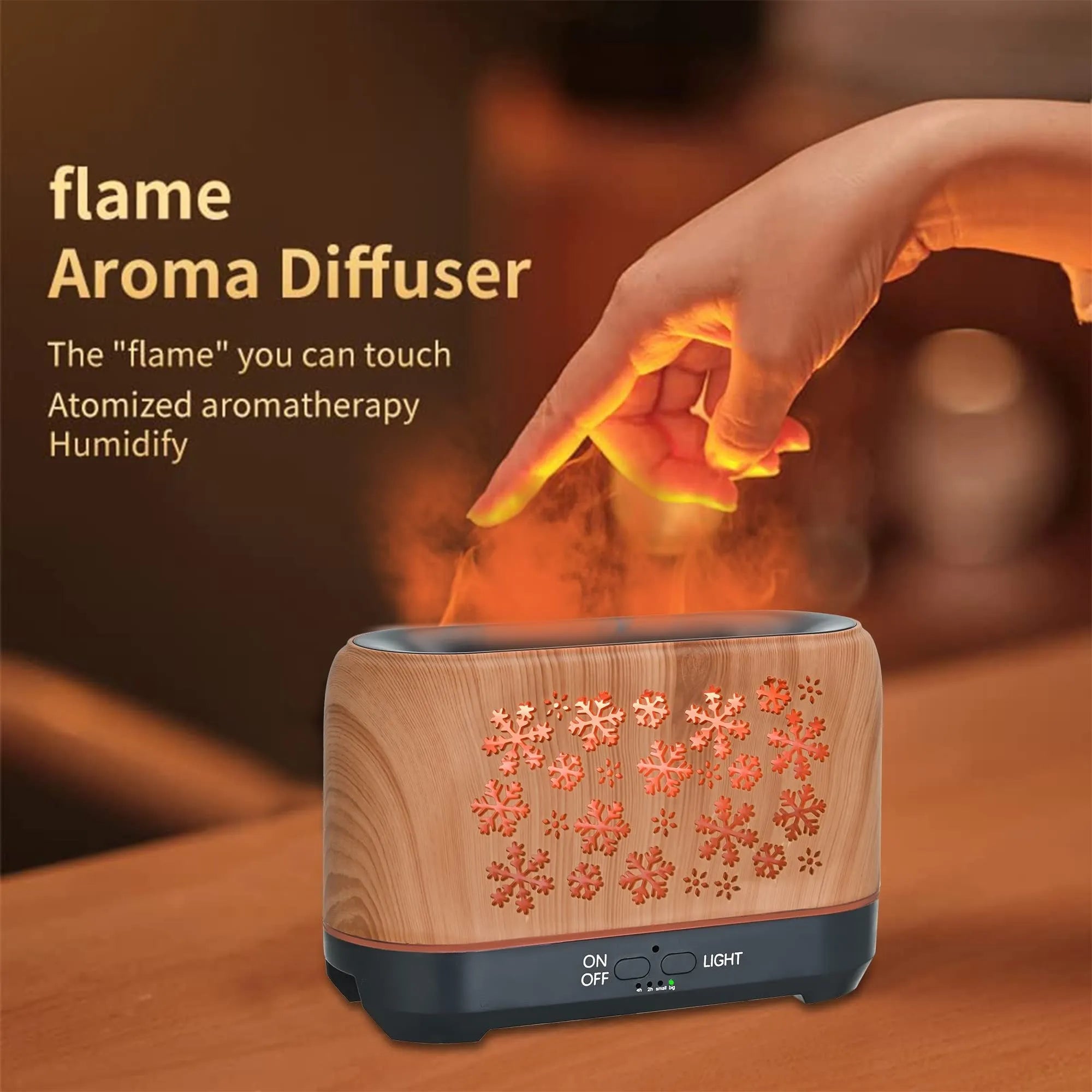 Wood grain snowflake pattern desktop humidifier with 7 colour flame effect and remote control