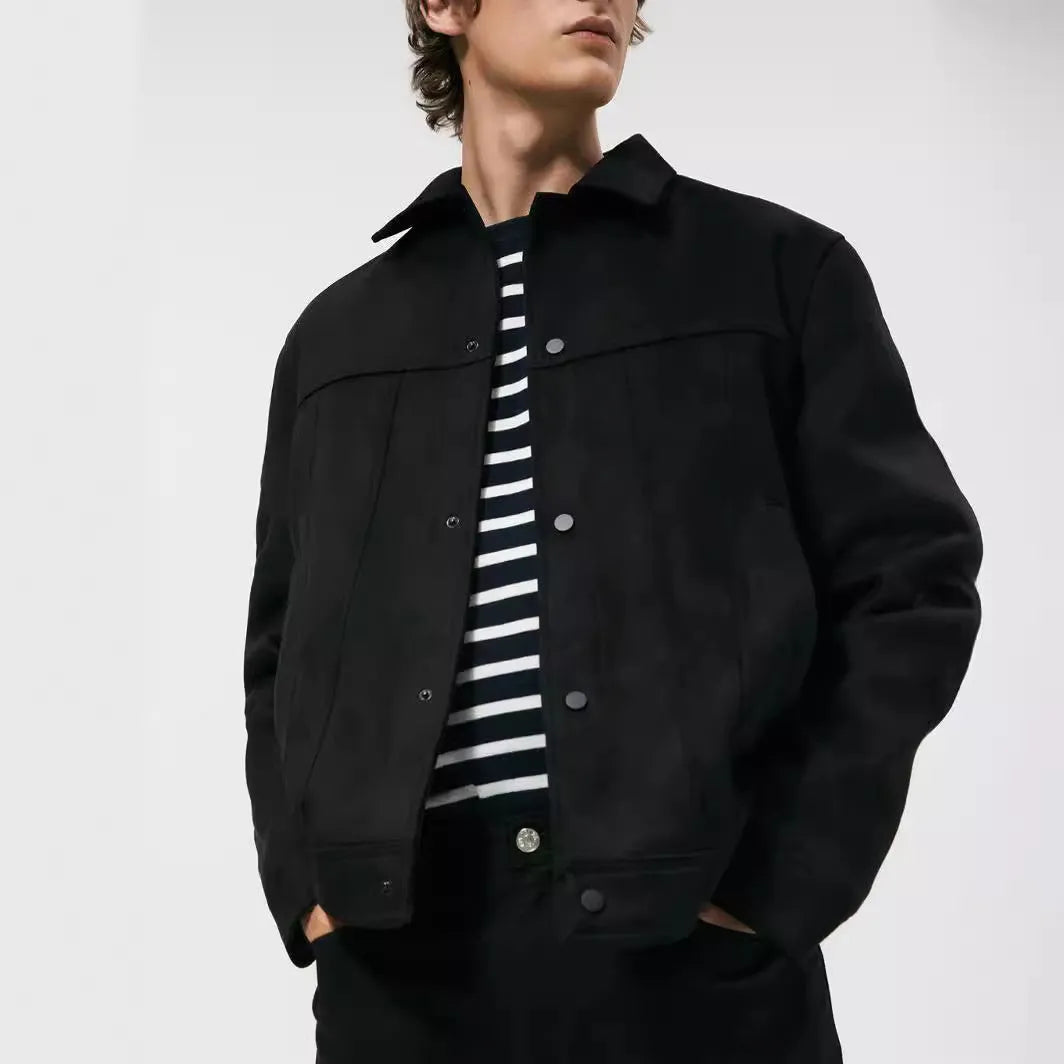 Men's black hooded jacket with suede collar and side seam pockets