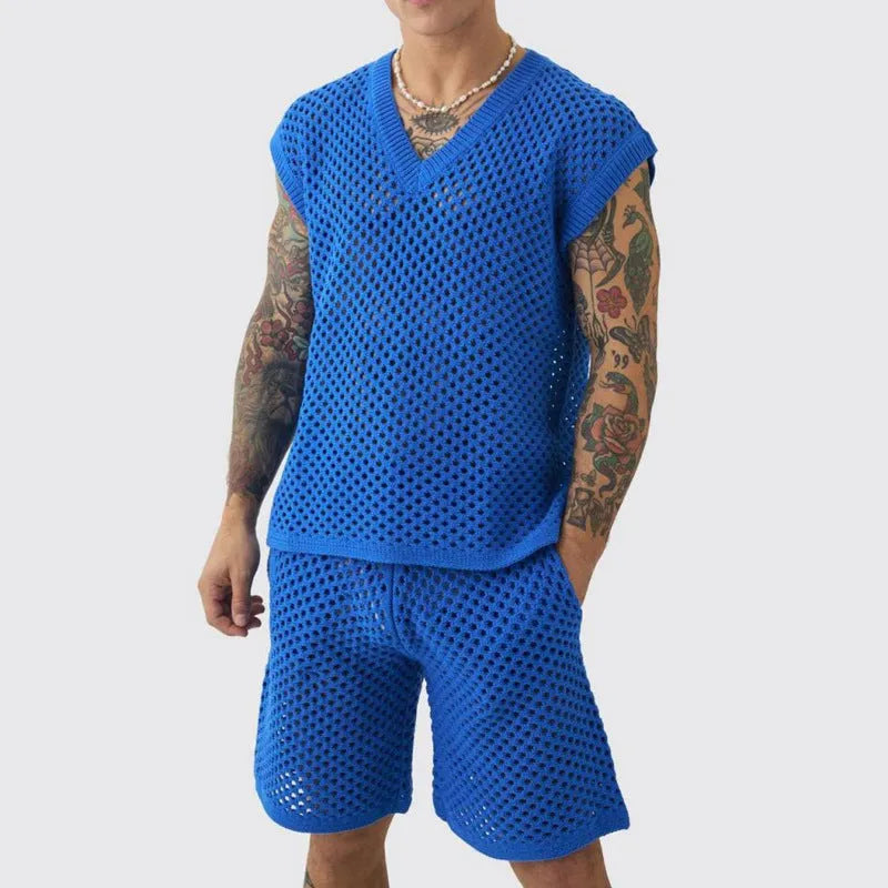 Men's blue knitted V-neck vest and matching shorts suit for summer sports