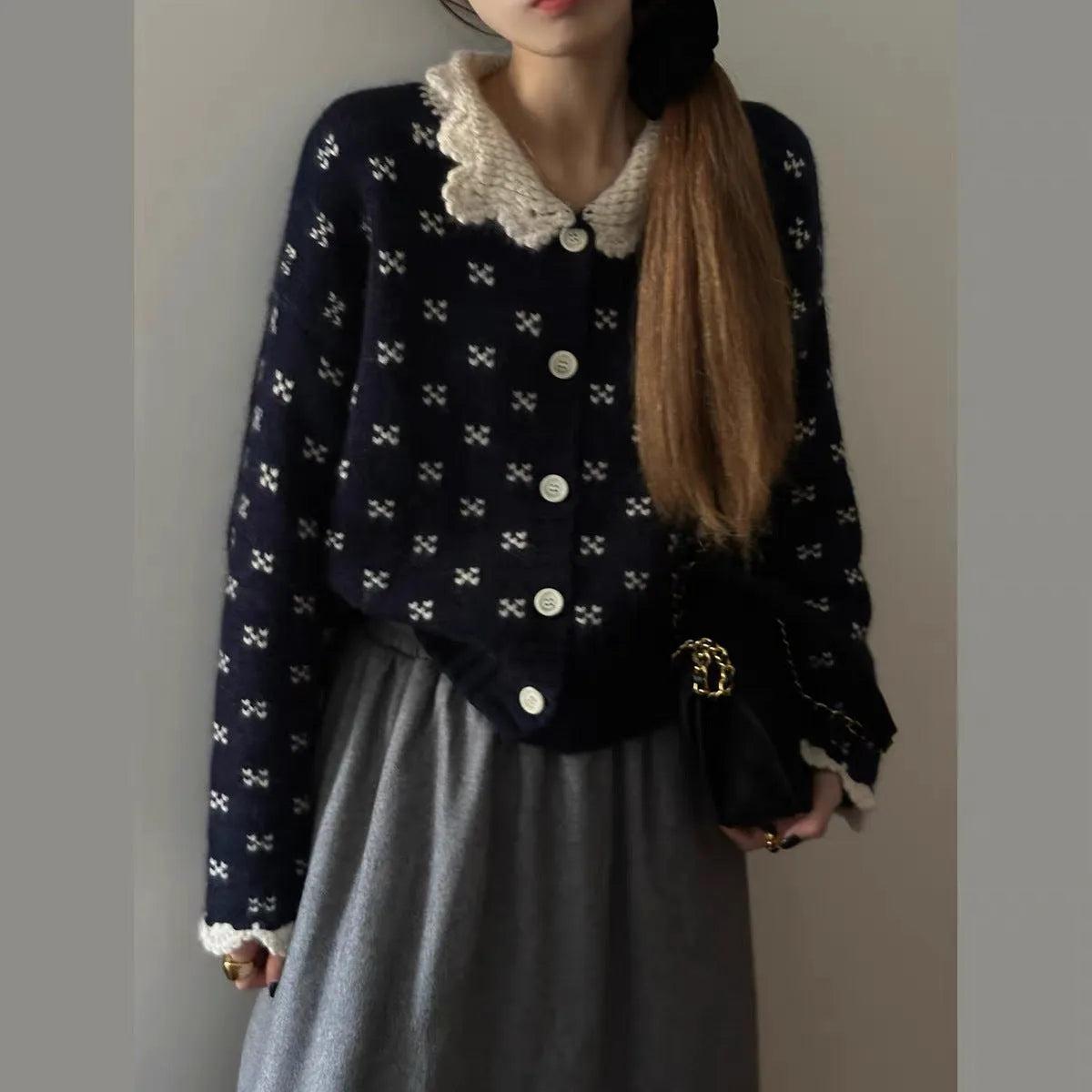 Retro Peter Pan collar knitted cardigan coat with floral pattern in cashmere blend fabric