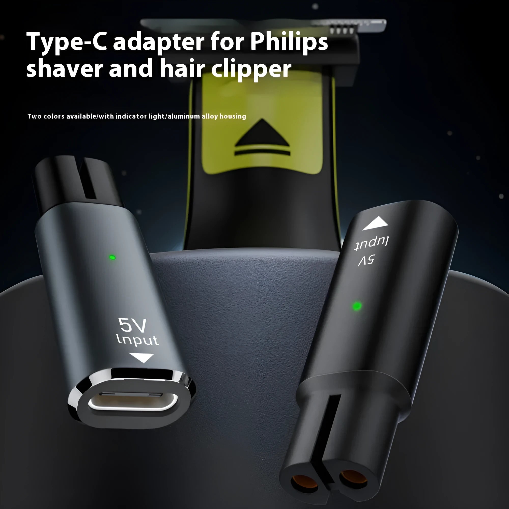Black USB-C charging adapter for electric shavers with aluminium alloy case and 4.3V 8W output.