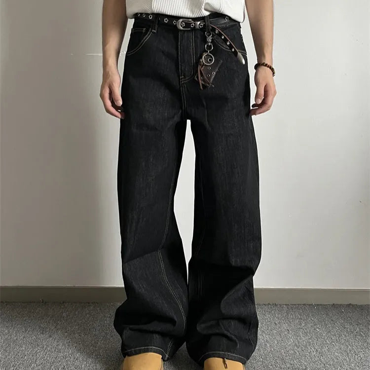 Black loose wide-leg retro denim jeans with straight-leg styling and mid-waist construction