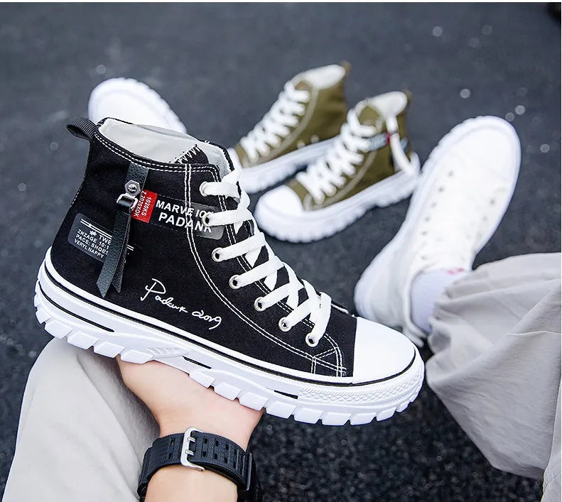 Men's casual canvas high top lace-up shoes in black with letter print pattern, round toe, and front laces