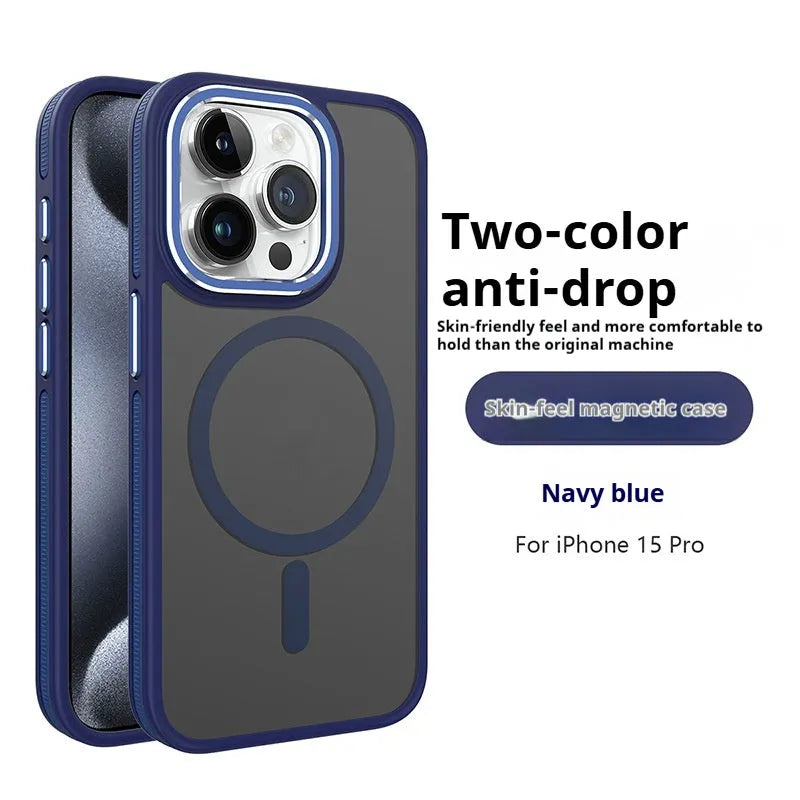 Frosted magnetic TPU phone case for iPhone 14 Pro Max with metal lens ring in black