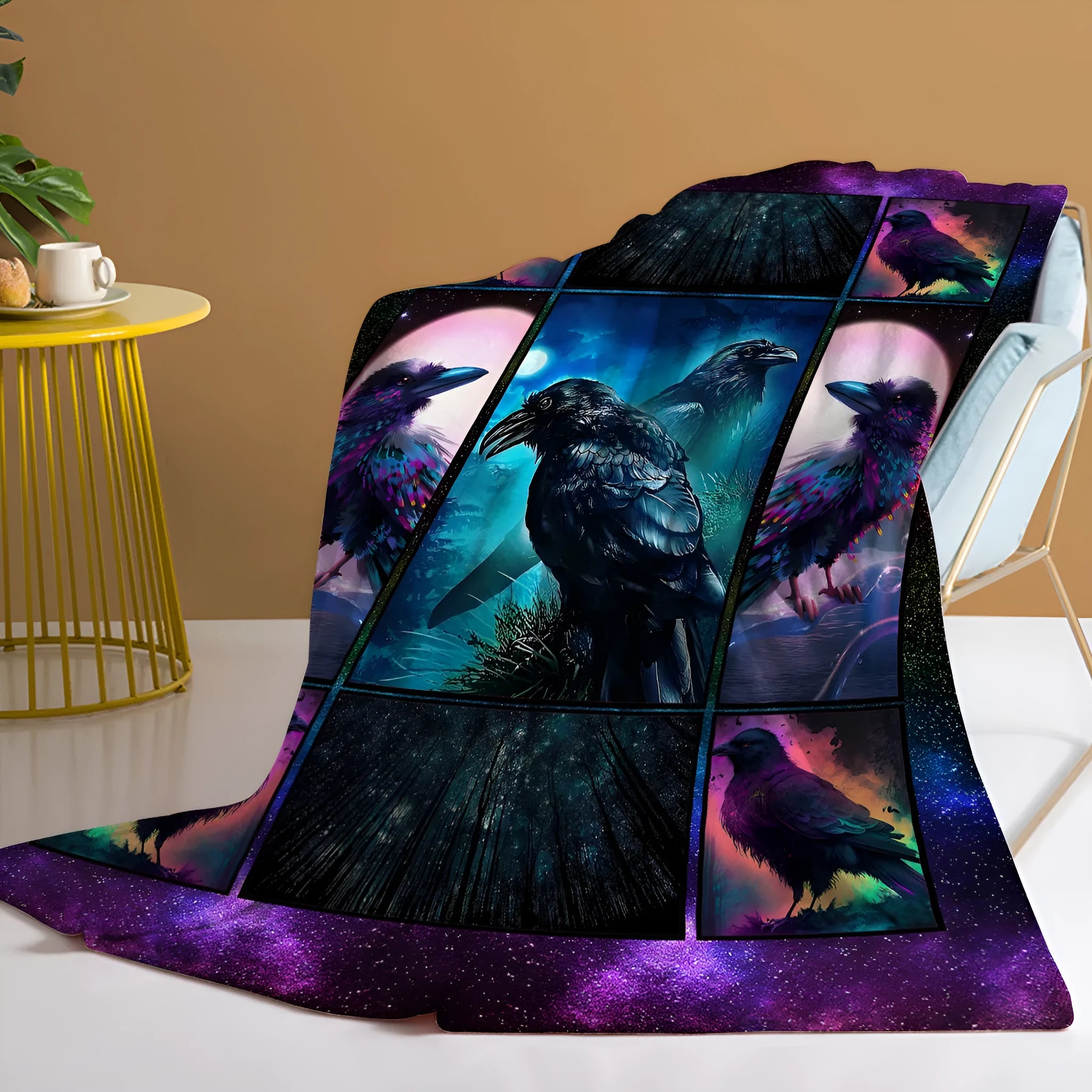 Flannel colourful raven print soft multifunctional throw blanket in multicoloured size options