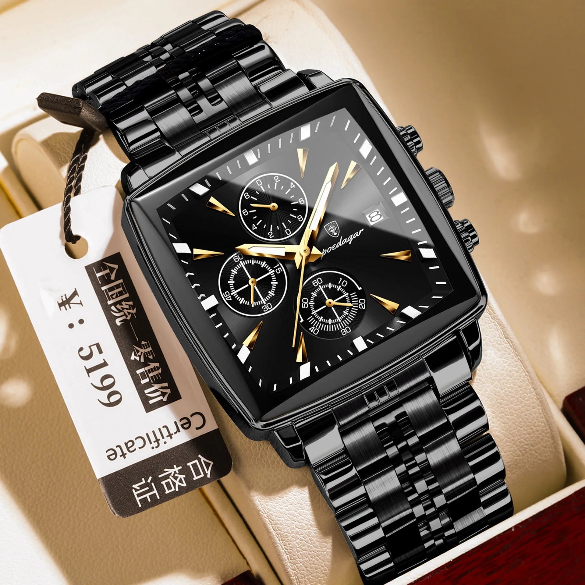 Square men's business quartz watch with stainless steel band and butterfly buckle in gold and blue colour combination.