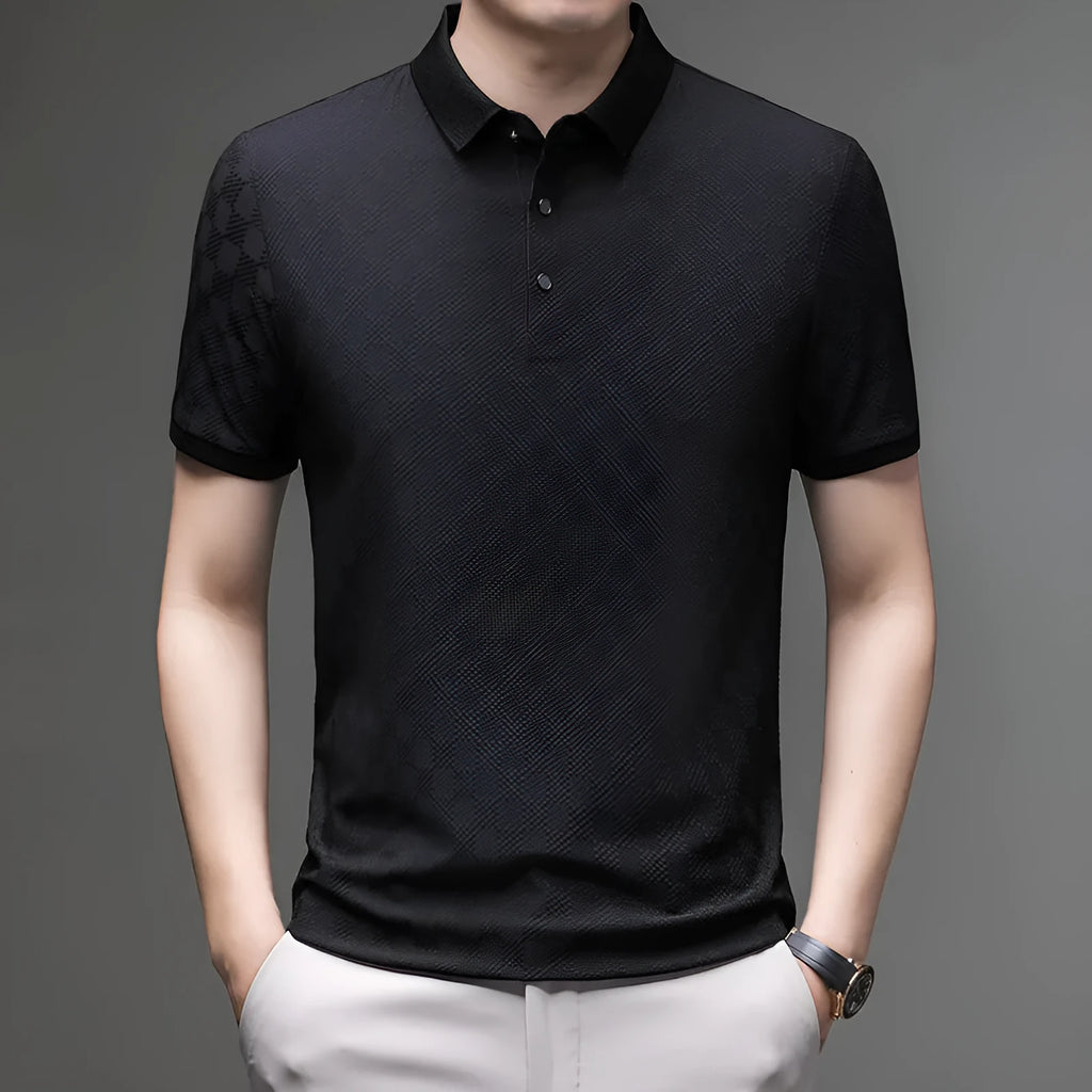 Rhombus brand thin ice silk short sleeve T-shirt for men in black, showing V-neck with slit detail.