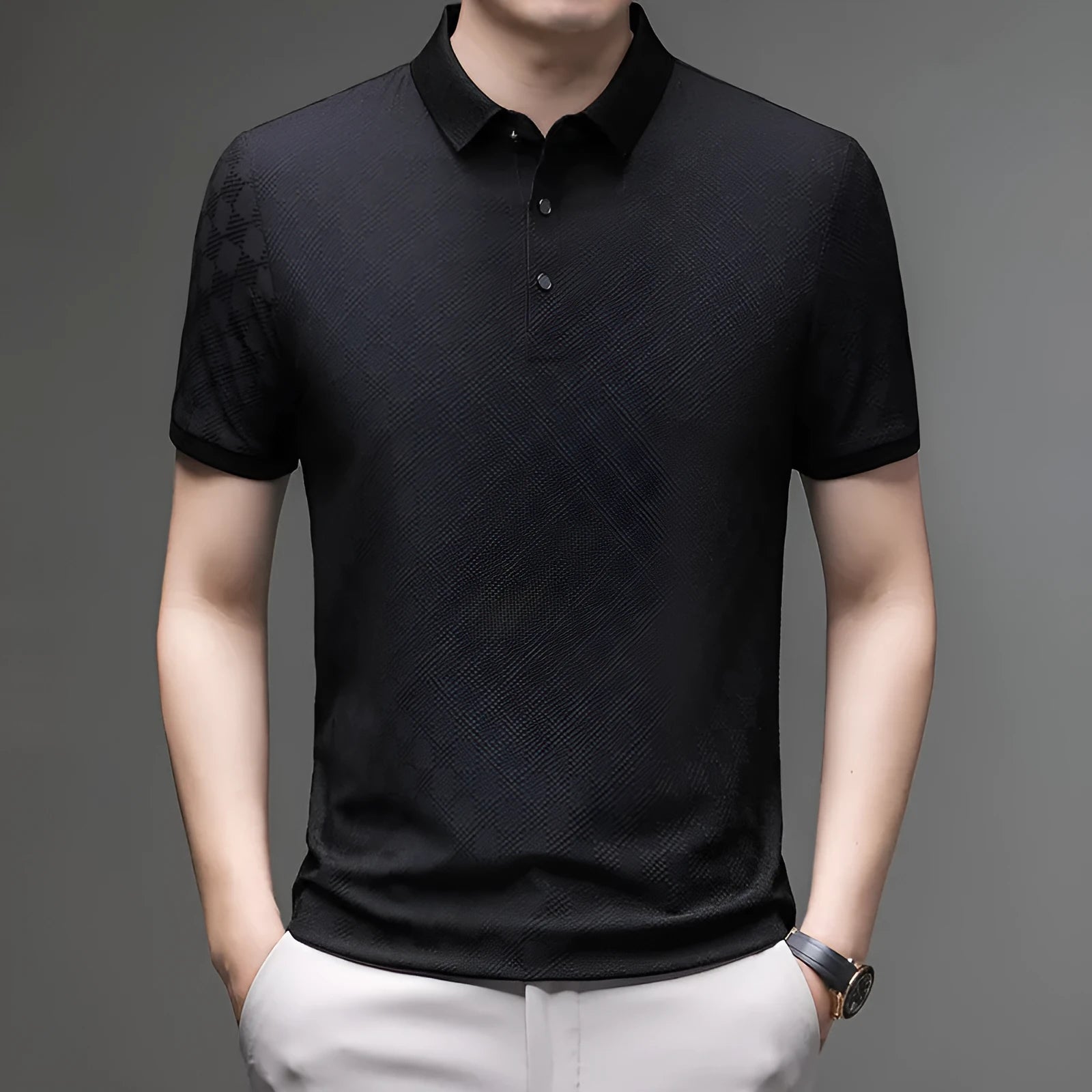 Rhombus brand thin ice silk short sleeve T-shirt for men in black, showing V-neck with slit detail.