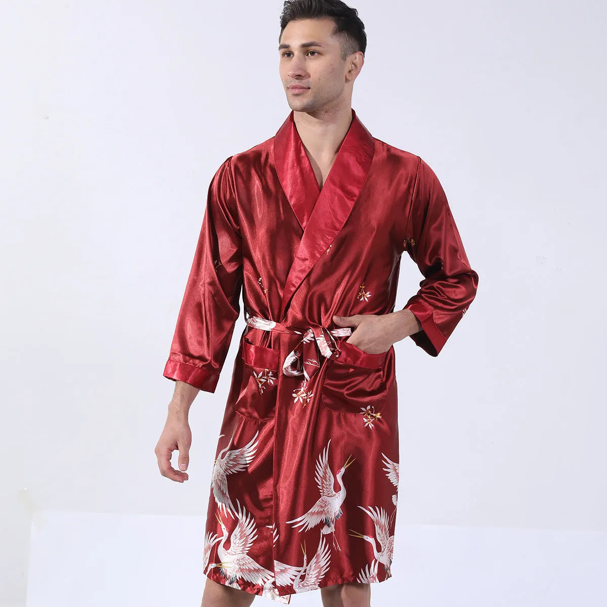 Men's lightweight summer silk bathrobe in rayon blend fabric showing colour pattern options