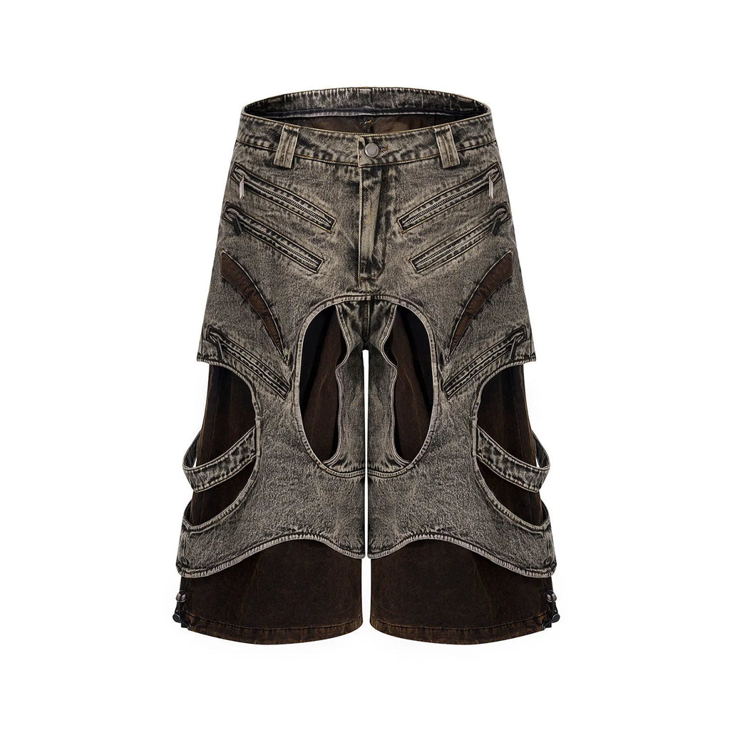 Men's blue denim vest with splicing design and zip front closure