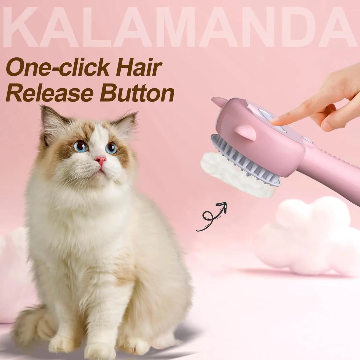 Cat ear-shaped steam brush with ergonomic handle and release button in blue, pink or yellow colour