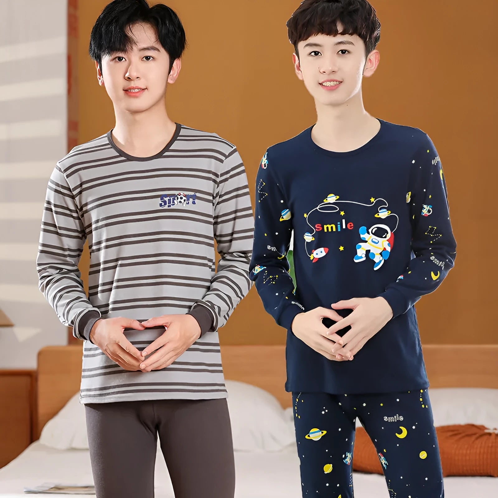 Children's cotton pyjama set in a patterned style, long-sleeve top and pants, available in multiple colours