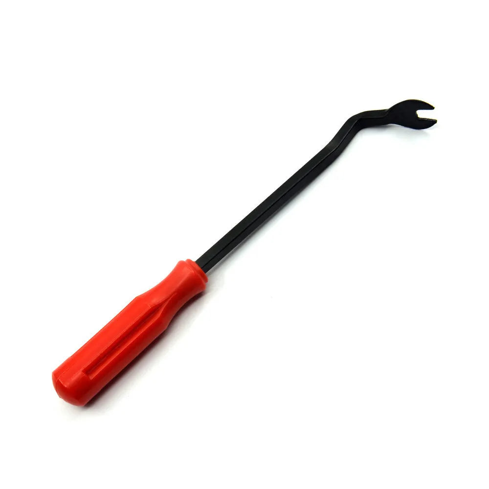 Red-handled steel automotive clip removal pliers for General Motors door panels.