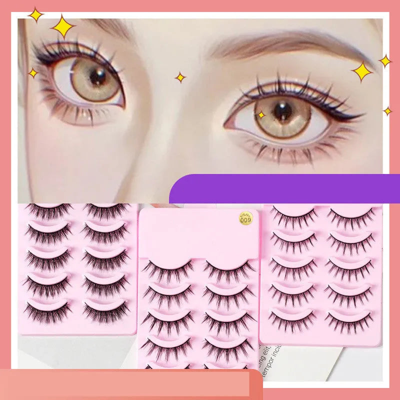 Pack of manga anime style false eyelashes showing three natural wispy designs for Korean makeup and cosplay