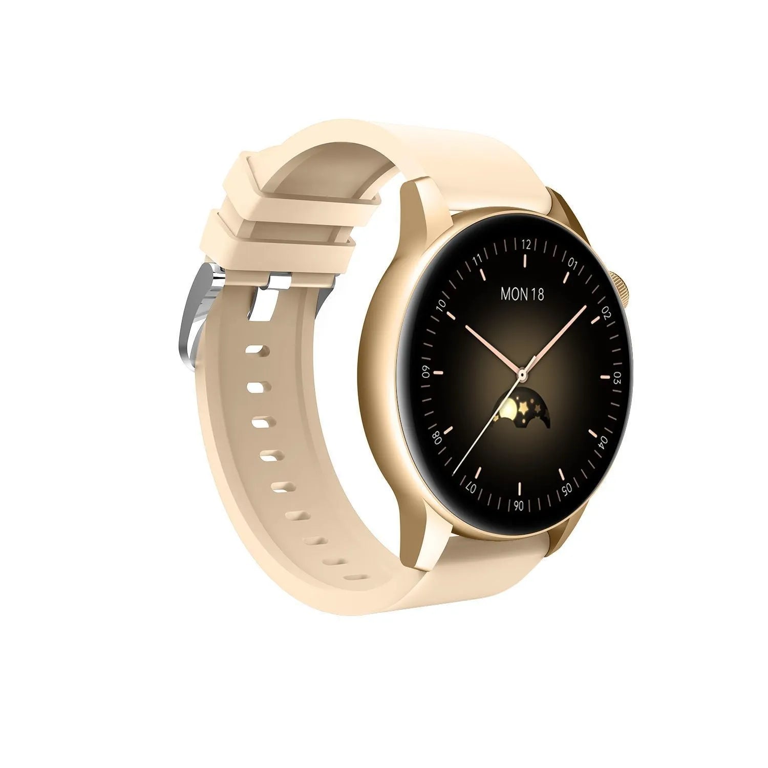 Smart watch with a colour touchscreen display and stainless steel case, shown in black, pink, or silver.