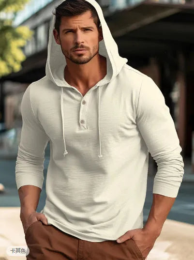 Men's cotton pullover hoodie in dark blue colour showing long sleeves and casual sports style