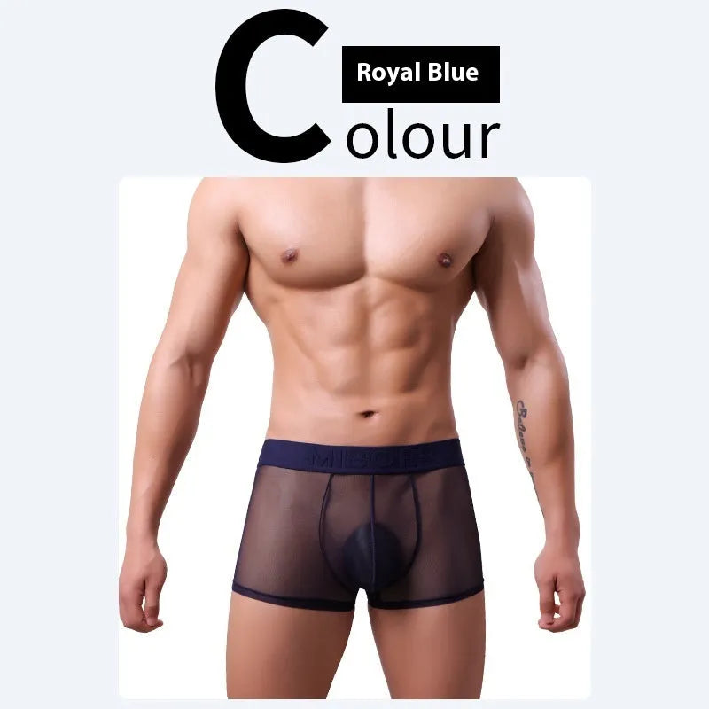 Men's thin invisible breathable boxer shorts in quick-drying polyester fabric shown in multiple colours