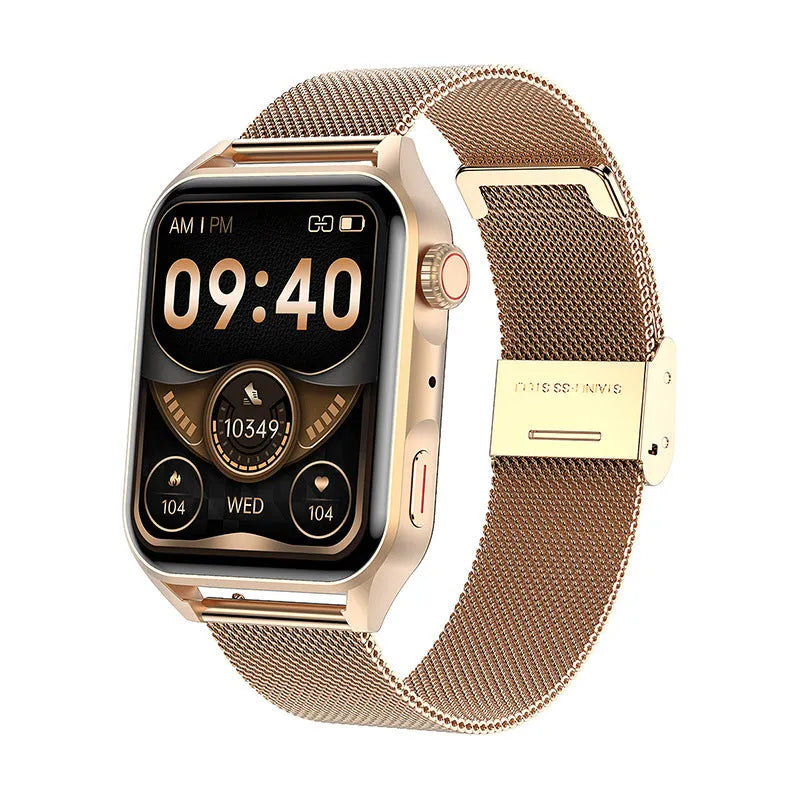 Pink smartwatch with AMOLED screen showing multiple watch dials and a silicone strap on a wrist