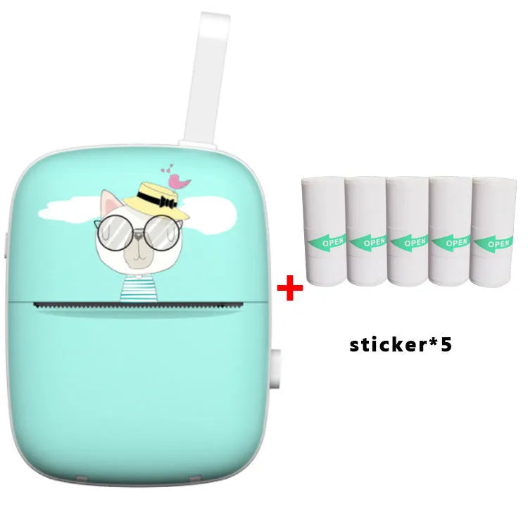 Blue Bluetooth portable thermal printer with paper roll inserted, compact design for students
