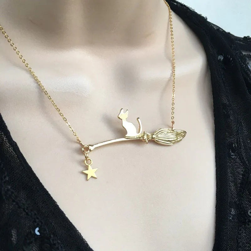 Black cat charm Halloween necklace in alloy metal with gold and silver colour options.