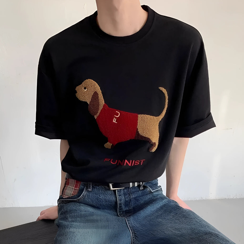 Men's grey cotton t-shirt with embroidered sausage dog design on the chest
